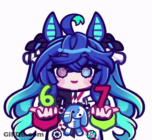 Girl With Blue Hair Holding Numbers 6 And 7 GIF