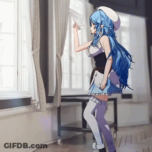 Girl With Blue Hair Holding Paper Airplane GIF