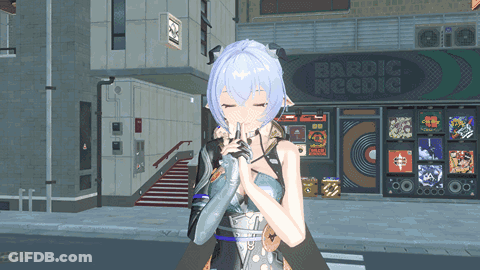 Girl With Blue Hair In Front Of Bardic Necdic Store GIF