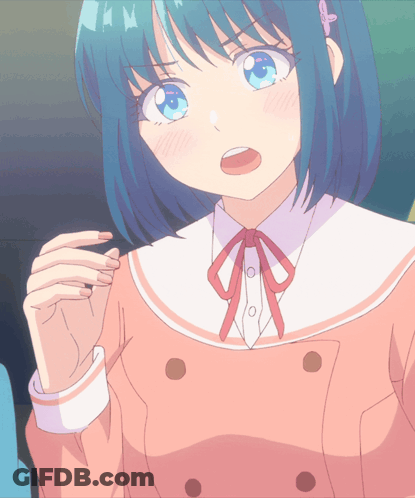 Girl With Blue Hair In Pink Jacket And White Collar GIF