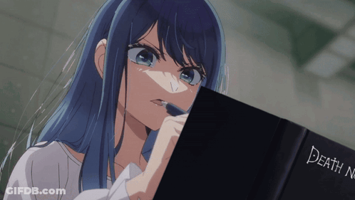 Girl With Blue Hair Looking At Death Note Book GIF
