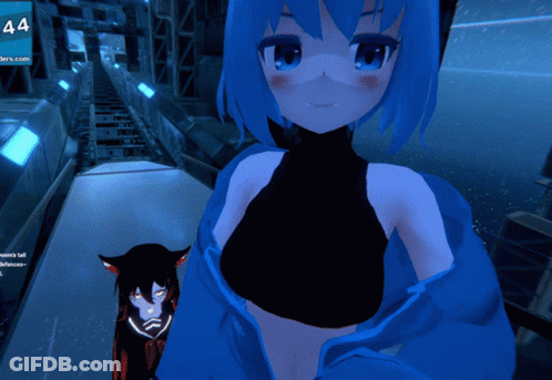 Girl With Blue Hair Next To Cat And Sign GIF