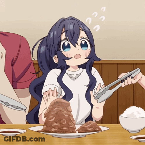 Girl With Blue Hair Sitting At Table With Food And Tongs GIF