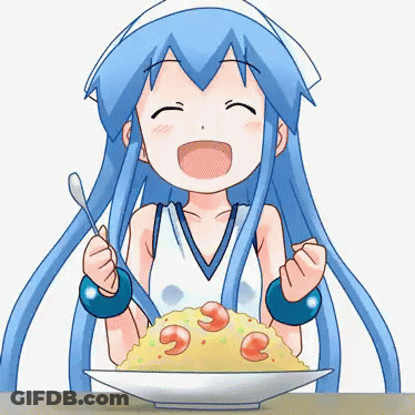 Girl With Blue Hair Sitting At Table With Food GIF