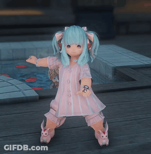 Girl With Blue Hair Standing On Wooden Deck GIF