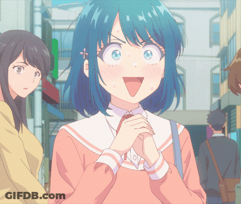 Girl With Blue Hair Surprised In Pink Sweater GIF