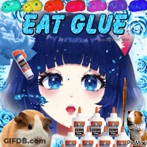 Girl With Blue Hair Surrounded By Glue GIF