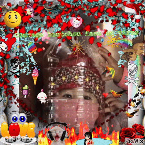 Girl With Bottle On Head Surrounded By Cat And Skull GIF