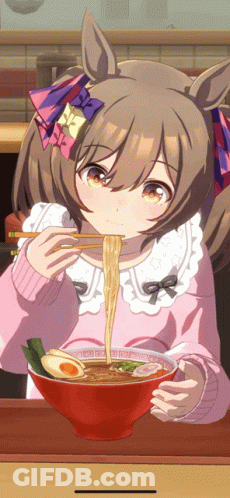 Girl With Bow Eating Noodles With Chopsticks GIF