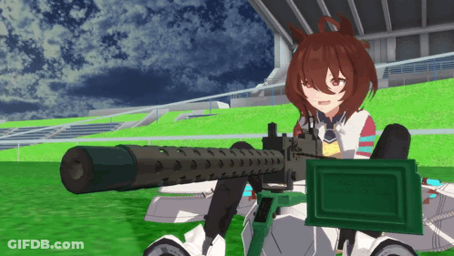 Girl With Brown Hair Holding Large Gun GIF