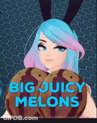 Girl With Bunny Ears Holding Two Melons Saying Big Juicy Melons GIF