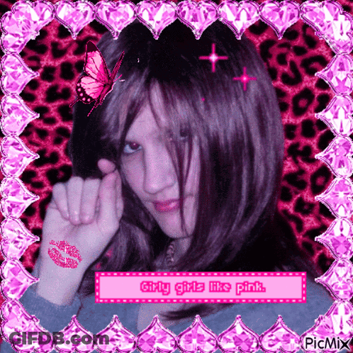 Girl With Butterfly Hair Saying Girly Girls Like Pink GIF