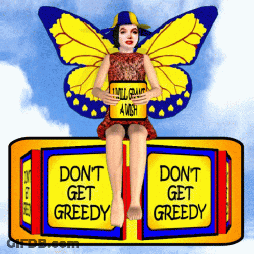 Girl With Butterfly Wings Sitting On Don't Get Greedy Sign GIF