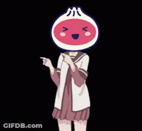 Girl With Cartoon Face On Head Pointing GIF
