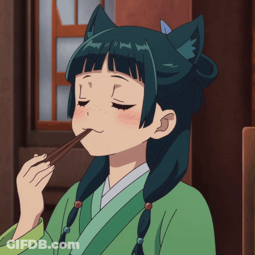 Girl With Cat Ear Eating With Chopsticks GIF