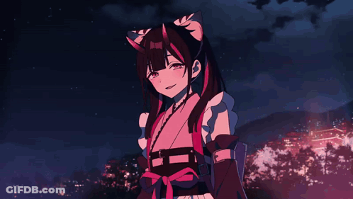 Girl With Cat Ears And Kimono In Front Of City At Night GIF