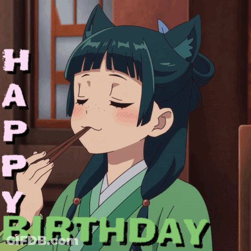 Girl With Cat Ears Eating With Chopsticks Happy Birthday GIF