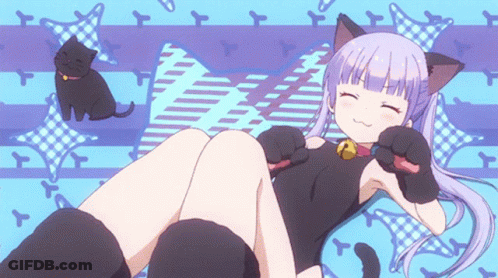 Girl With Cat Ears Laying On Bed With Black Cat GIF