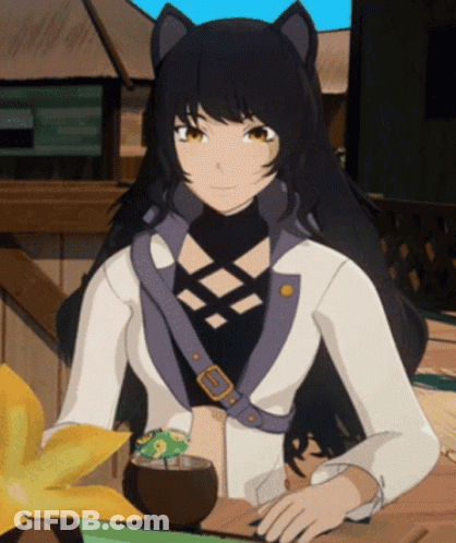Girl With Cat Ears Sitting At Table With Drink GIF