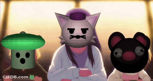 Girl With Cat Mask Sitting Next To Mushroom And Teddy Bear GIF