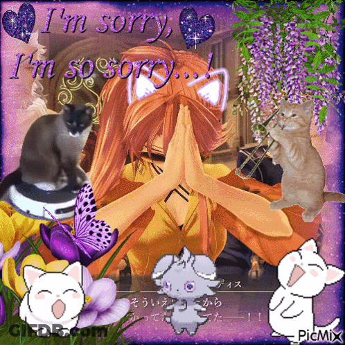 Girl With Cats And Flowers Sorry GIF