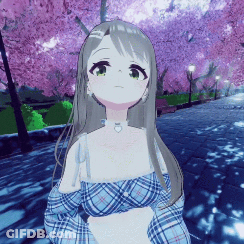 Girl With Choker In Front Of Cherry Blossom Tree GIF