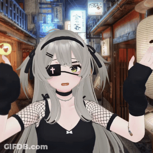 Girl With Cross On Eye In Front Of Samurai Sign GIF