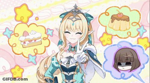 Girl With Crown Surrounded By Speech Bubbles With Cake And Pudding GIF