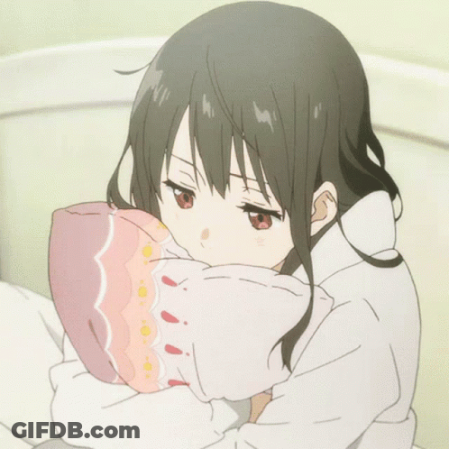 Girl With Dark Hair And Red Eyes Holding Pillow GIF