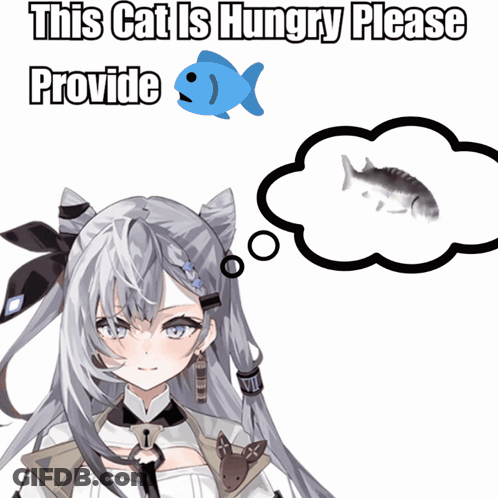 Girl With Fish In Thought Bubble Saying This Cat Is Hungry Please Provide GIF