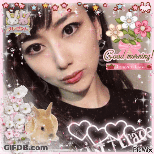 Girl With Flowers And Hearts Saying Good Morning GIF
