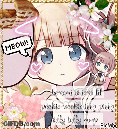 Girl With Flowers And Pizza Says Meow GIF