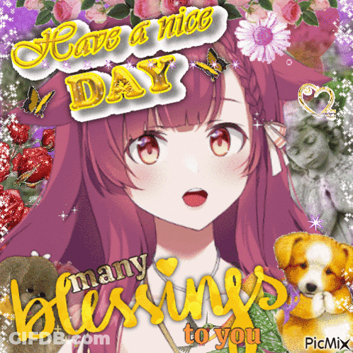 Girl With Flowers Have A Nice Day Many Blessings To You GIF