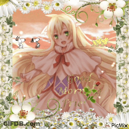 Girl With Flowers Saying Good Morning Friend GIF