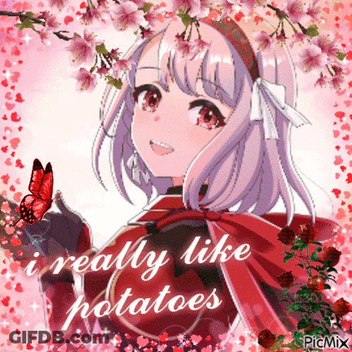 Girl With Flowers Saying I Really Like Potatoes GIF
