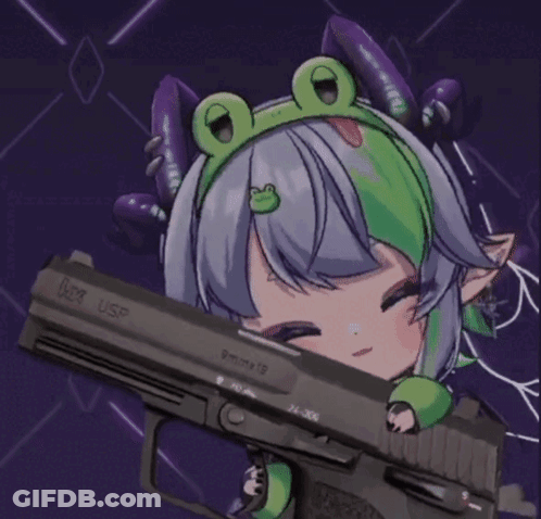 Girl With Frog Headband Holding Gun GIF