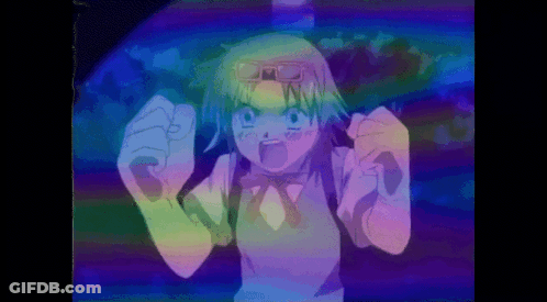 Girl With Glasses And Bow Tie In Front Of Rainbow Background GIF