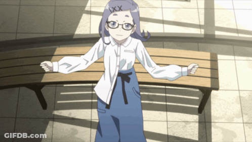 Girl With Glasses And Number XXX On Head Standing In Front Of Wooden Bench GIF