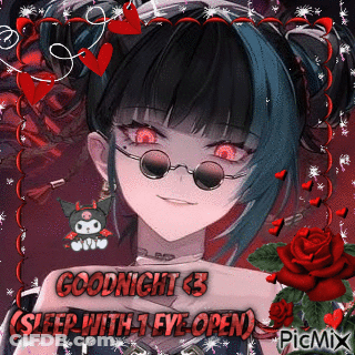 Girl With Glasses And Red Eyes Says Goodnight Sleep With 1 Eye Open GIF
