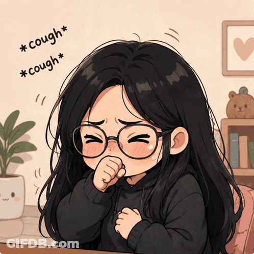 Girl With Glasses Coughing At Table GIF
