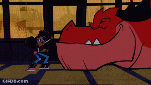 Girl With Glasses Next To Red Dragon GIF