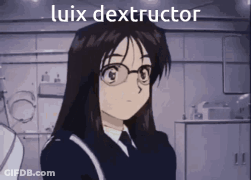 Girl With Glasses Standing In Room With Luix Dextractor GIF