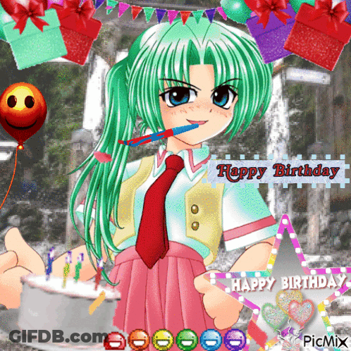 Girl With Green Hair And Happy Birthday Message GIF