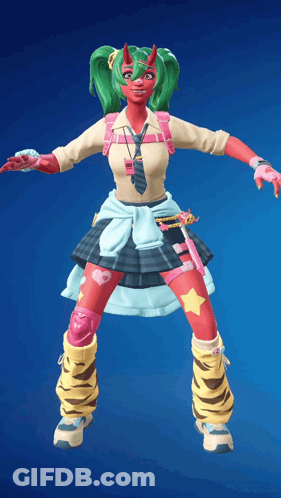 Girl With Green Hair And Horns In Tie And Knee Pads GIF
