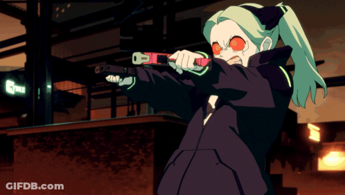 Girl With Green Hair And Red Eyes Holding Toy Gun GIF