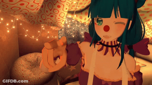 Girl With Green Hair And Red Nose Holding Toy GIF
