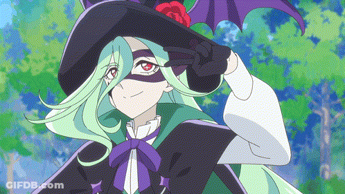 Girl With Green Hair In Witch Costume And Bat Hat GIF