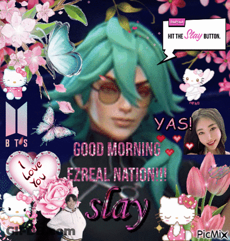 Girl With Green Hair Surrounded By Flowers And Butterflies GIF