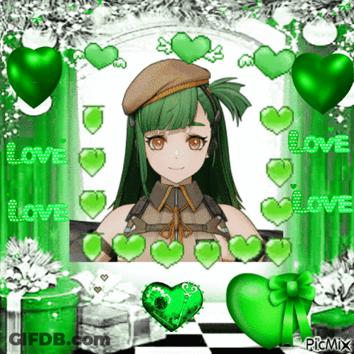 Girl With Green Hair Surrounded By Green Hearts Saying Love GIF