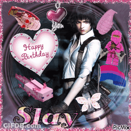 Girl With Gun And Happy Birthday Heart GIF